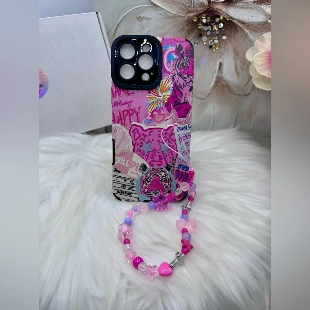 Vibrant Pink Tiger Graphic Themed iPhone 16 Pro Max Case with pink Beaded Strap